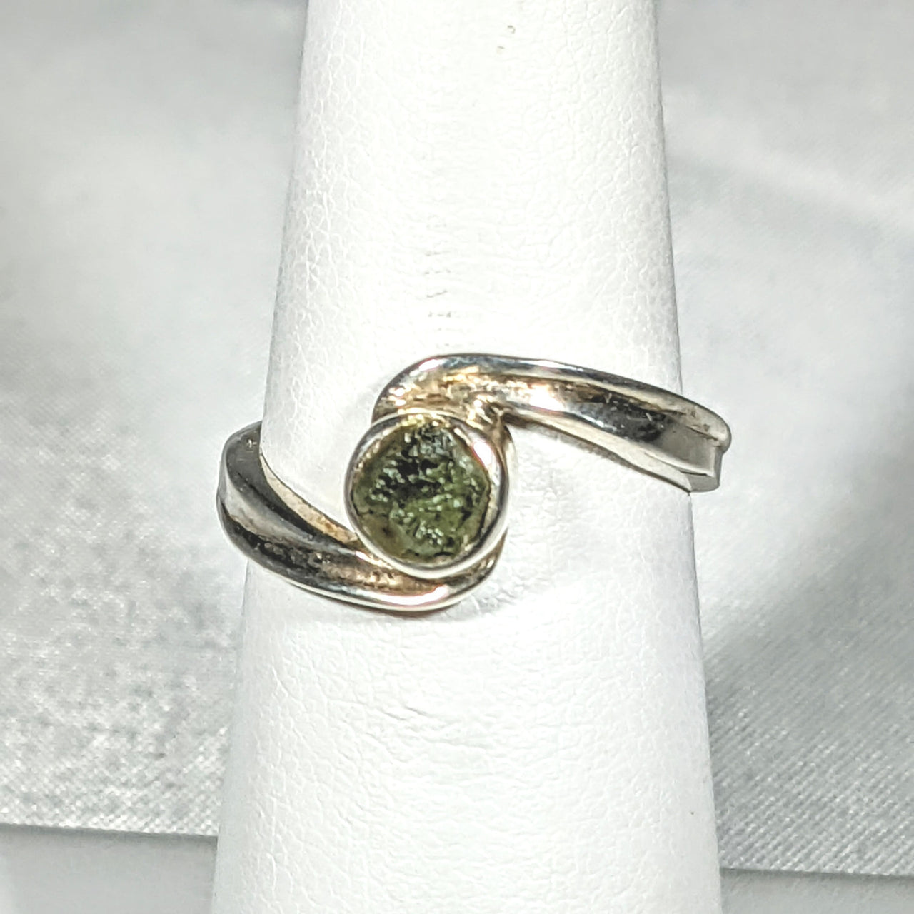 Moldavite Sterling Silver Swoop Ring #SK2626 with a stunning green stone