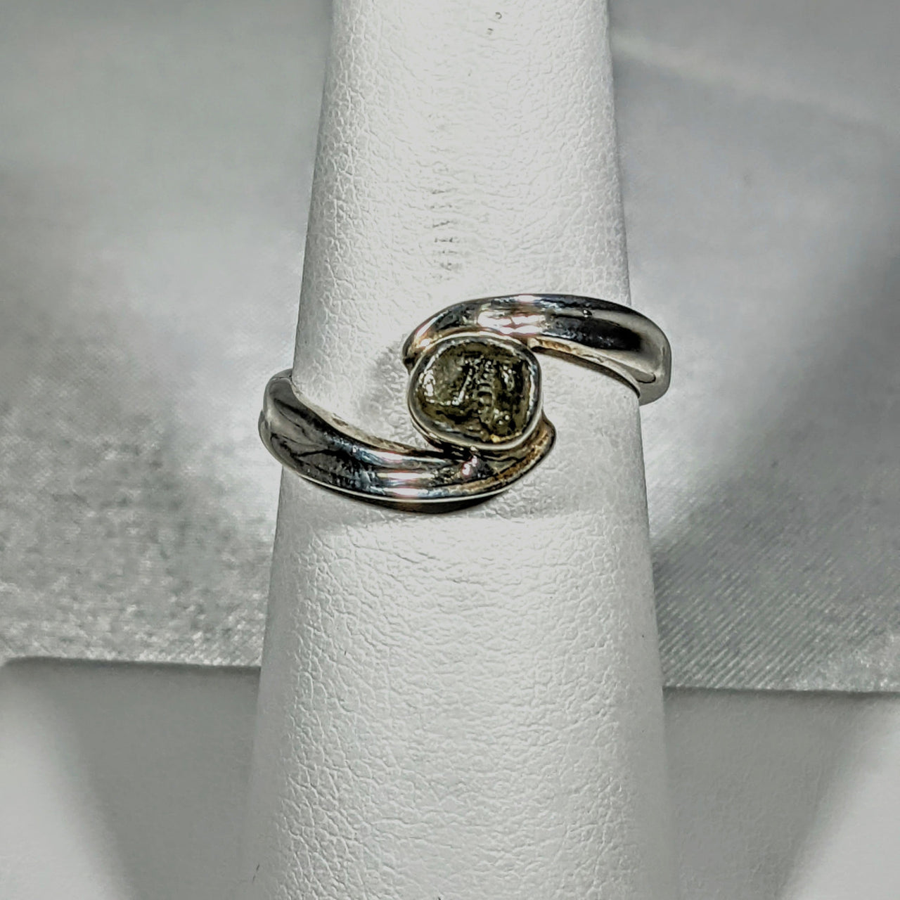 Moldavite Sterling Silver Swoop Ring #SK2626 with a central diamond