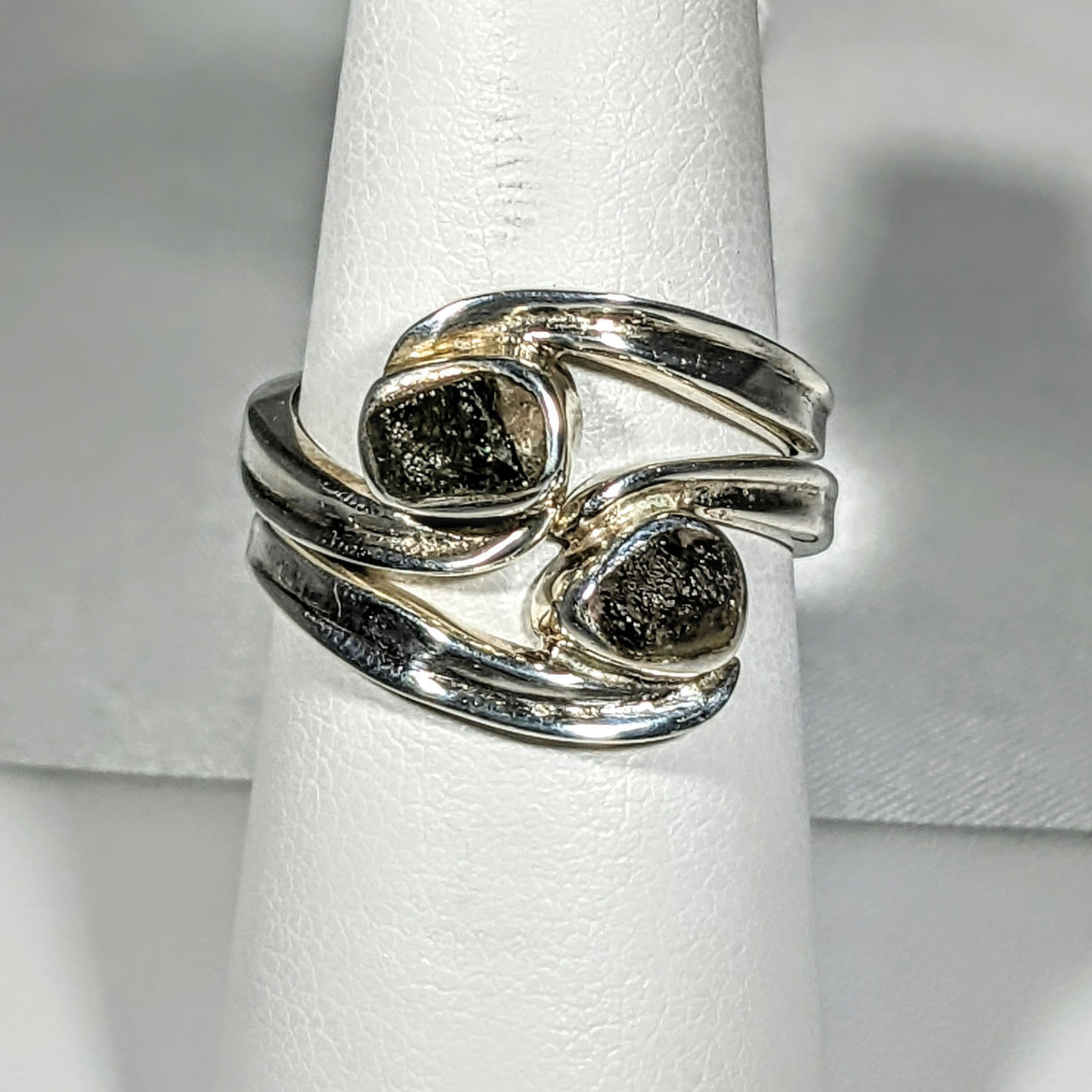 Moldavite Sterling Silver Swoop Ring with Two Black Diamonds #SK2626