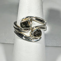 Thumbnail for Moldavite Sterling Silver Swoop Ring with Two Black Diamonds #SK2626