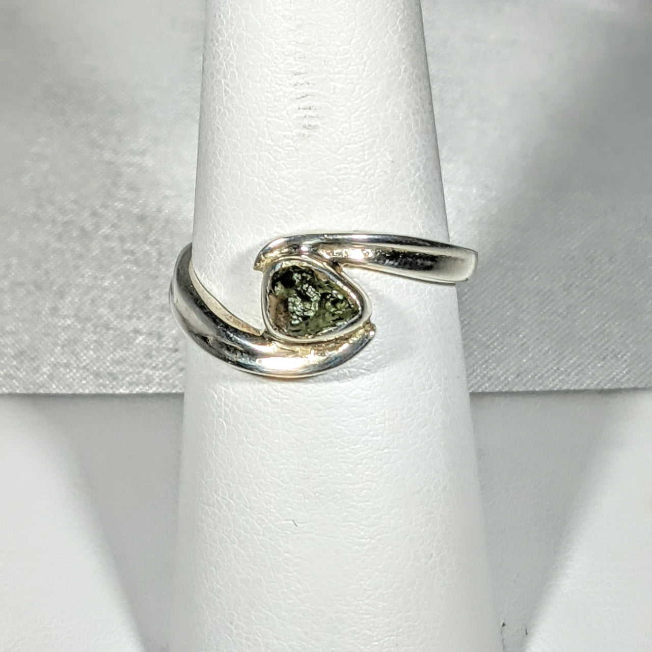 Moldavite Sterling Silver Swoop Ring with green tourmal stone in center #SK2626