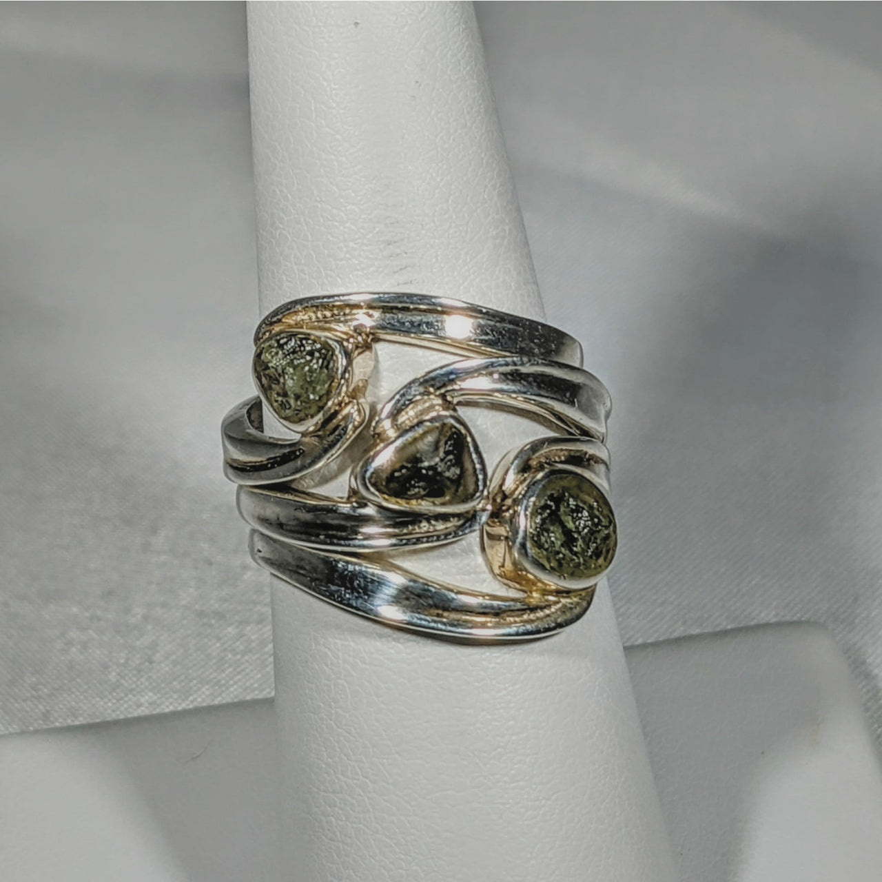 Moldavite Sterling Silver Swoop Ring with Two Green Stones #SK2626