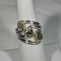 Thumbnail for Moldavite Sterling Silver Swoop Ring with Two Green Stones #SK2626