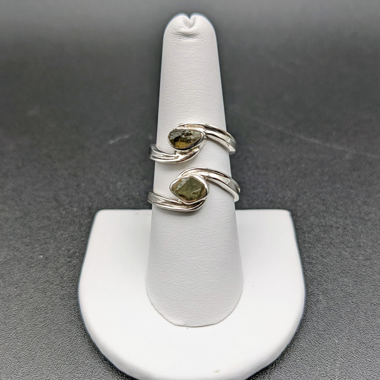 Moldavite Sterling Silver Swoop Ring #SK2626 with a green stone on top