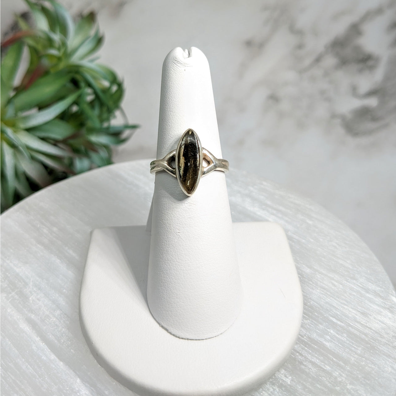 Gold ring with black stone: Moldavite Sz 6.25 Polished Marquis Ring #LV5109