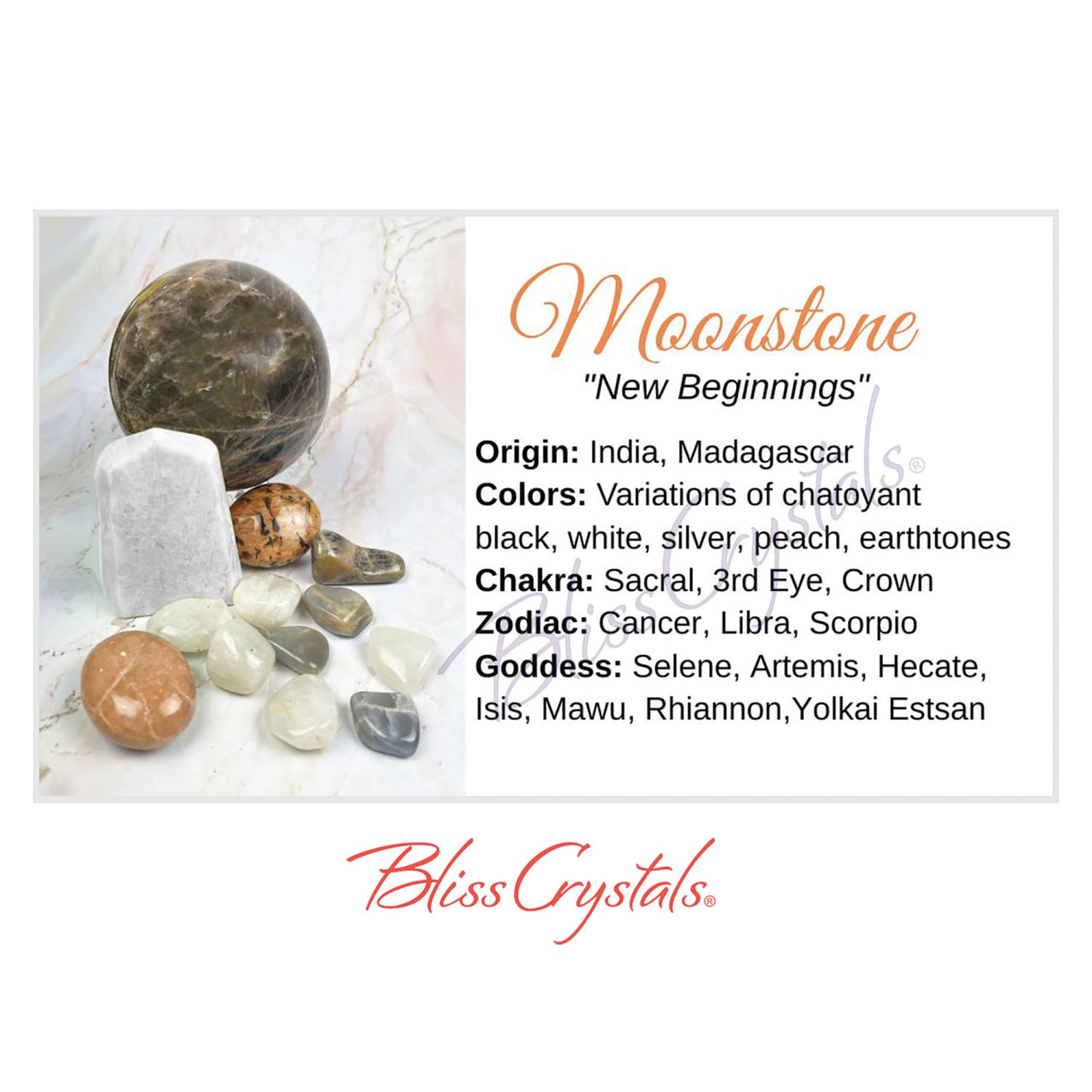 Close-up of MOONSTONE Crystal Information Card, Double sided #HC31 rocks