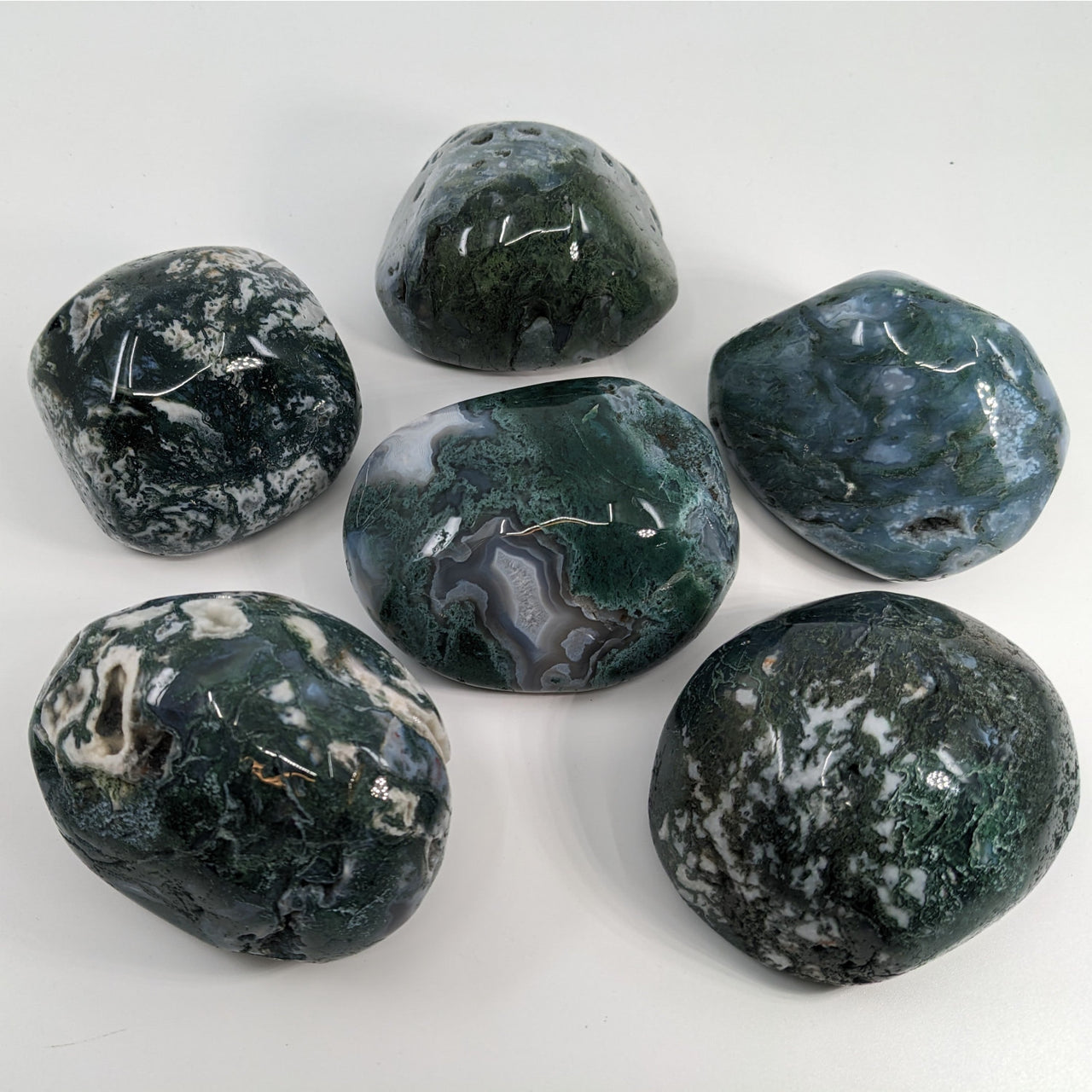 Moss Agate Touchstones #P165 featuring green and white marble rocks