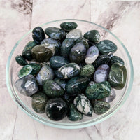 Thumbnail for A bowl filled with Moss Agate tumbled stones (1.1’) for sale, product code #LV2294