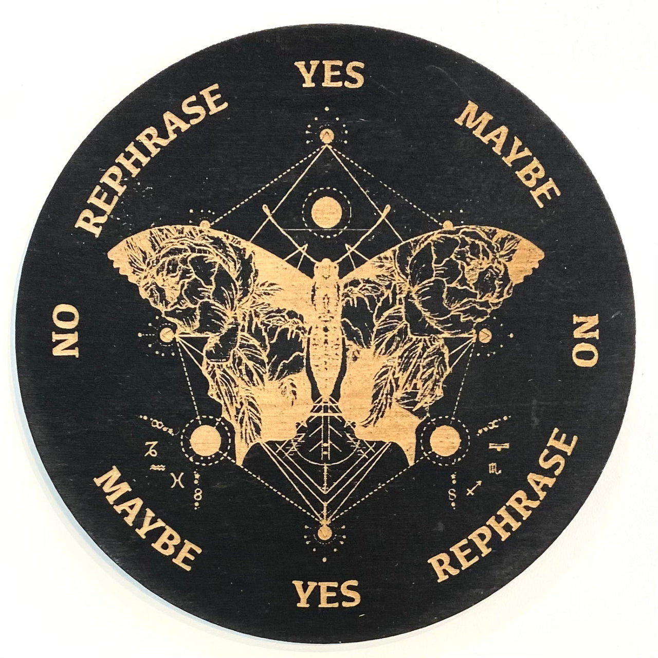 Black and gold sticker with two butterflies on a Moth Pendulum Board Wood Grid #K198