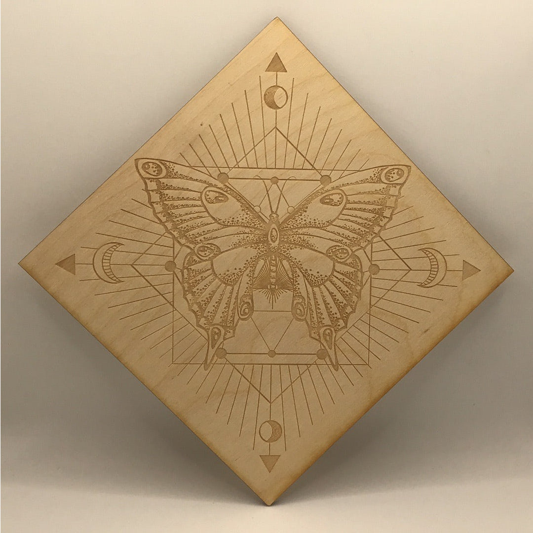 Wooden box with etched moth, Butterfly on top, Product: Moth Etched Wood Square Grid #SK2223