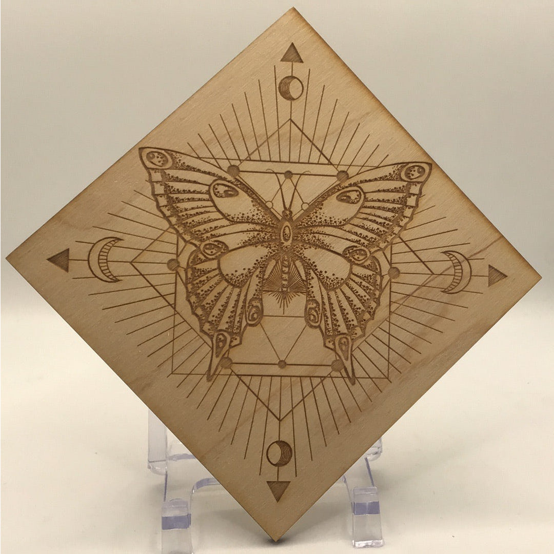 Handcrafted wooden plaque featuring a butterfly and sun design from Moth Etched Wood Square Grid