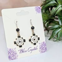 Thumbnail for Mother of Pearl & Onyx 1’ Inca Cross Earrings #LV2776 on a card, black and white design