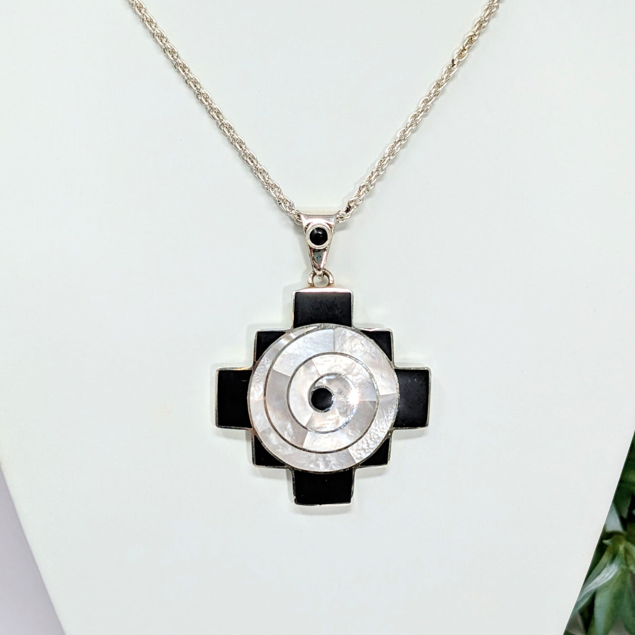 Mother of Pearl & Onyx Inca Cross Pendant LV2775: Silver pendant with a black cross design