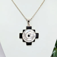 Thumbnail for Mother of Pearl & Onyx Inca Cross Pendant LV2775: Silver pendant with a black cross design