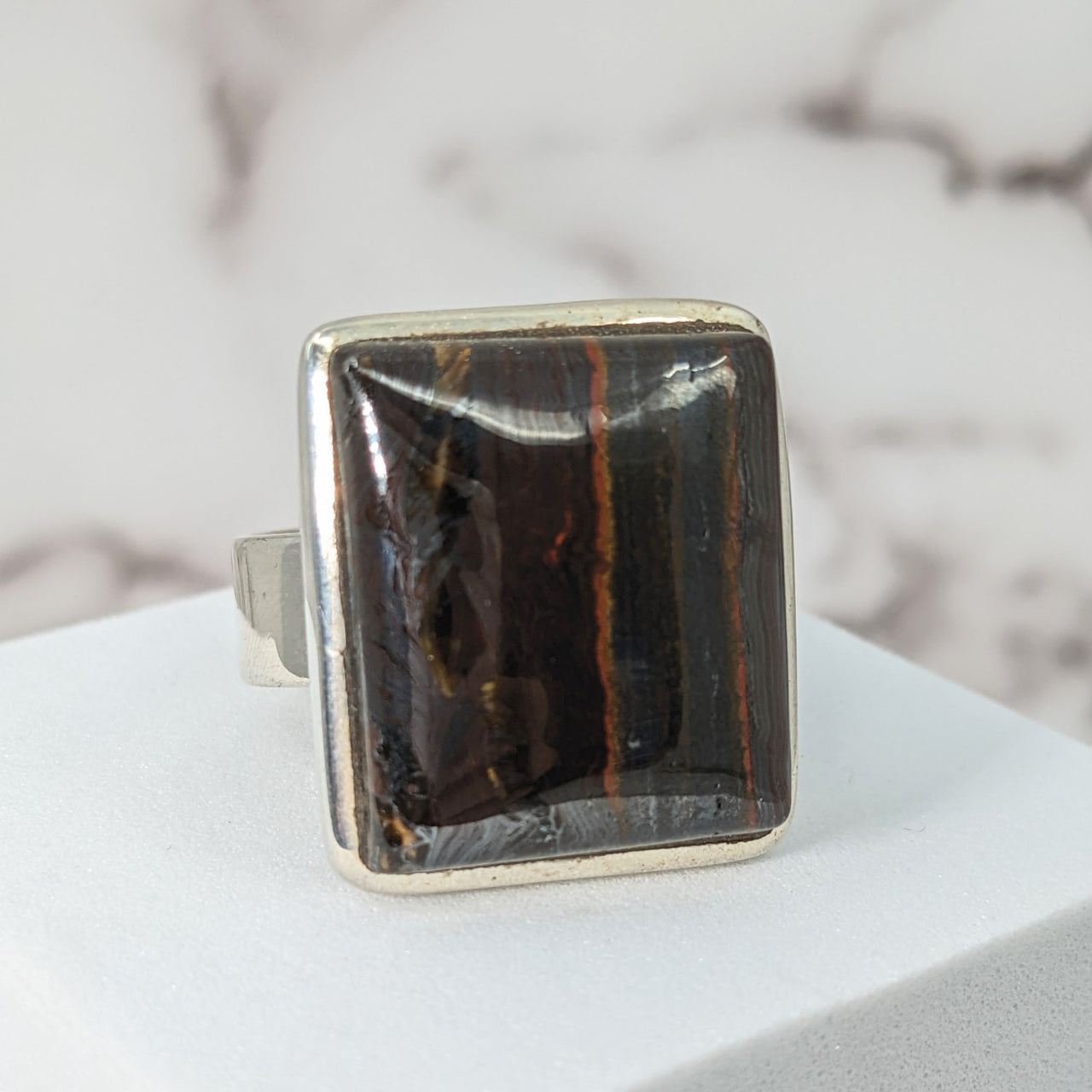 Mugglestone Sz 9.25 Rectangle SS Ring with large black and brown stone #SK9534