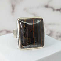 Thumbnail for Mugglestone Sz 9.25 Rectangle SS Ring with large black and brown stone #SK9534