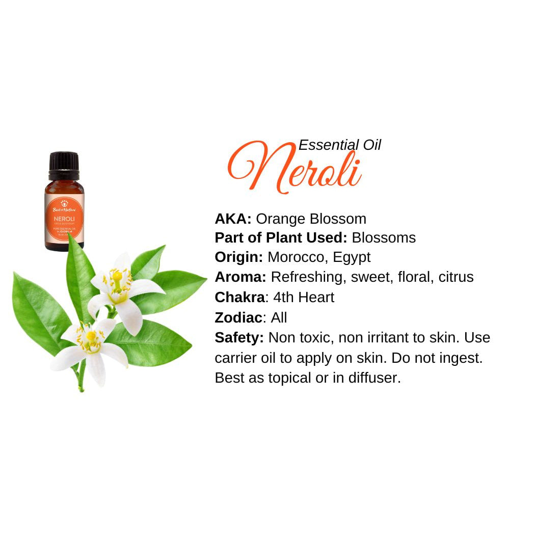 Neroli essential oil for radiant skin and healthy hair - Product Info Card #Q069