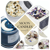 Thumbnail for A collection of crystal candles with ’mon candles’ in the New Moon Candle line