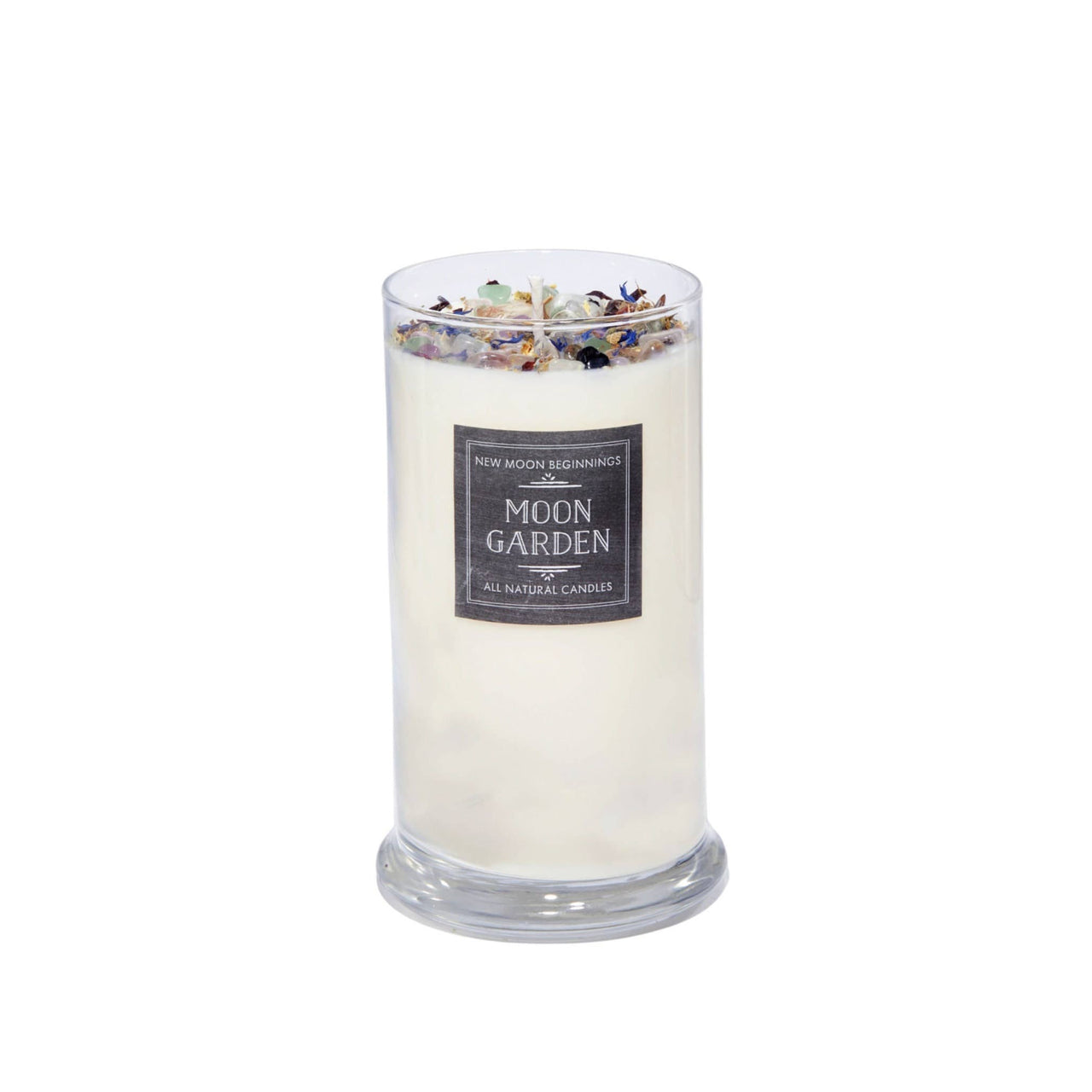 A New Moon Candle in 7.5oz square glass with crystal candles label