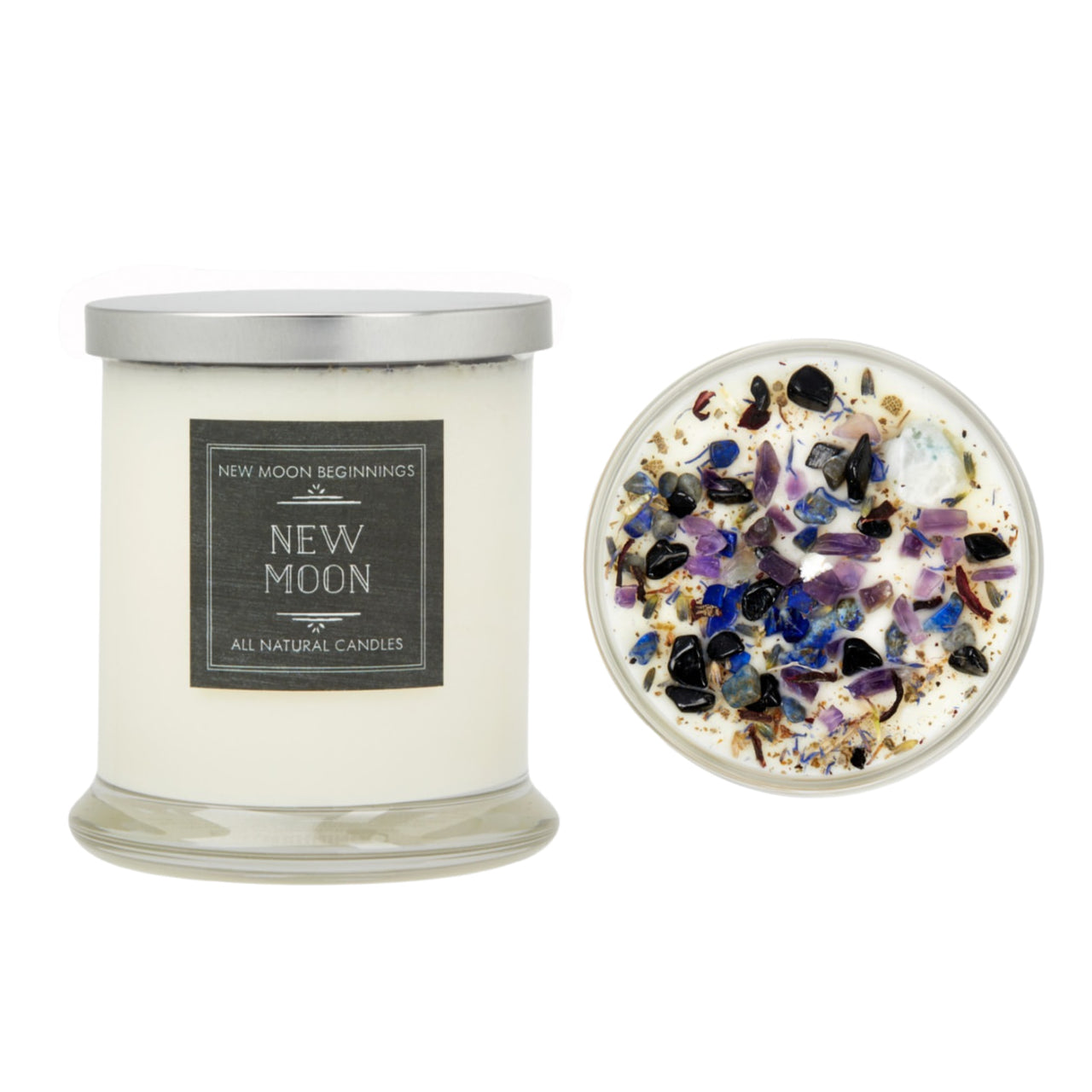 New Moon Candle: White Soy, Crystal Candle in Glass Jar with Purple and White Flowers