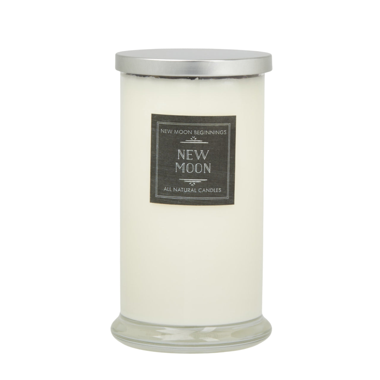 White ’New Moon’ crystal candle in square glass, 7.5oz, with black label