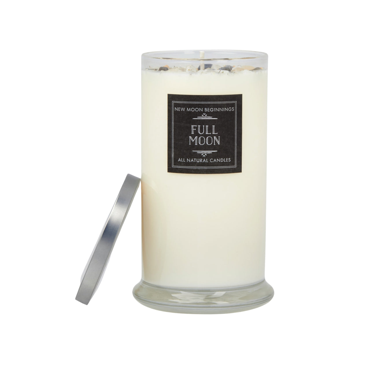 New Moon Candle: White Soy Crystal Candle with Black Label in 7.5oz Square Glass #LV5487