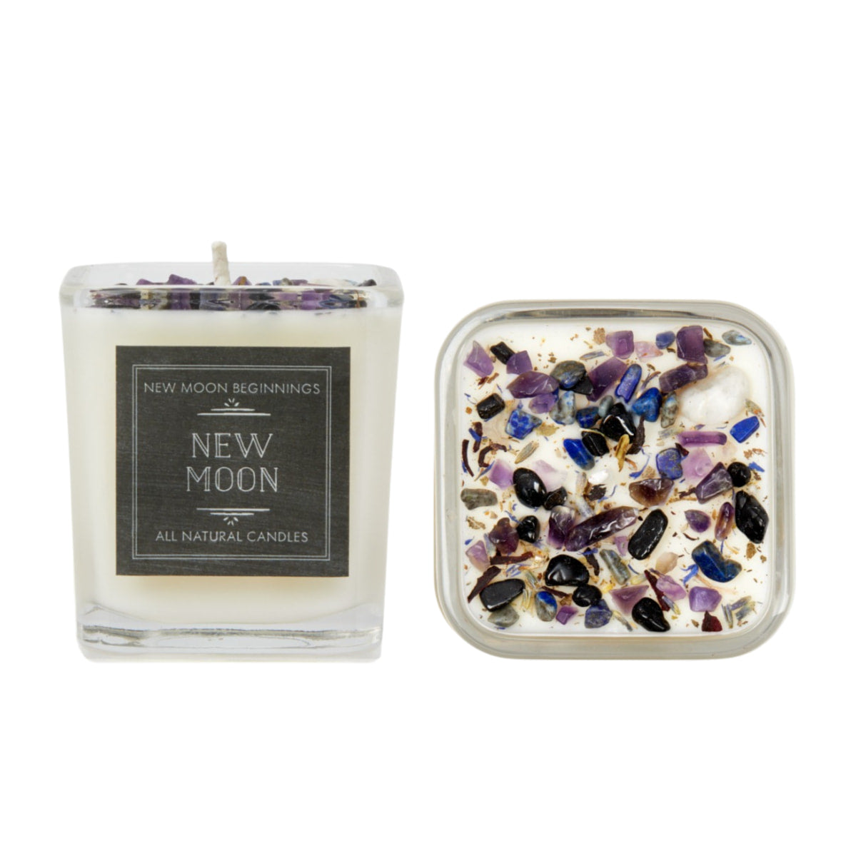 Close-up of New Moon Crystal Candle in a glass container with rocks, 7.5oz square #LV5487