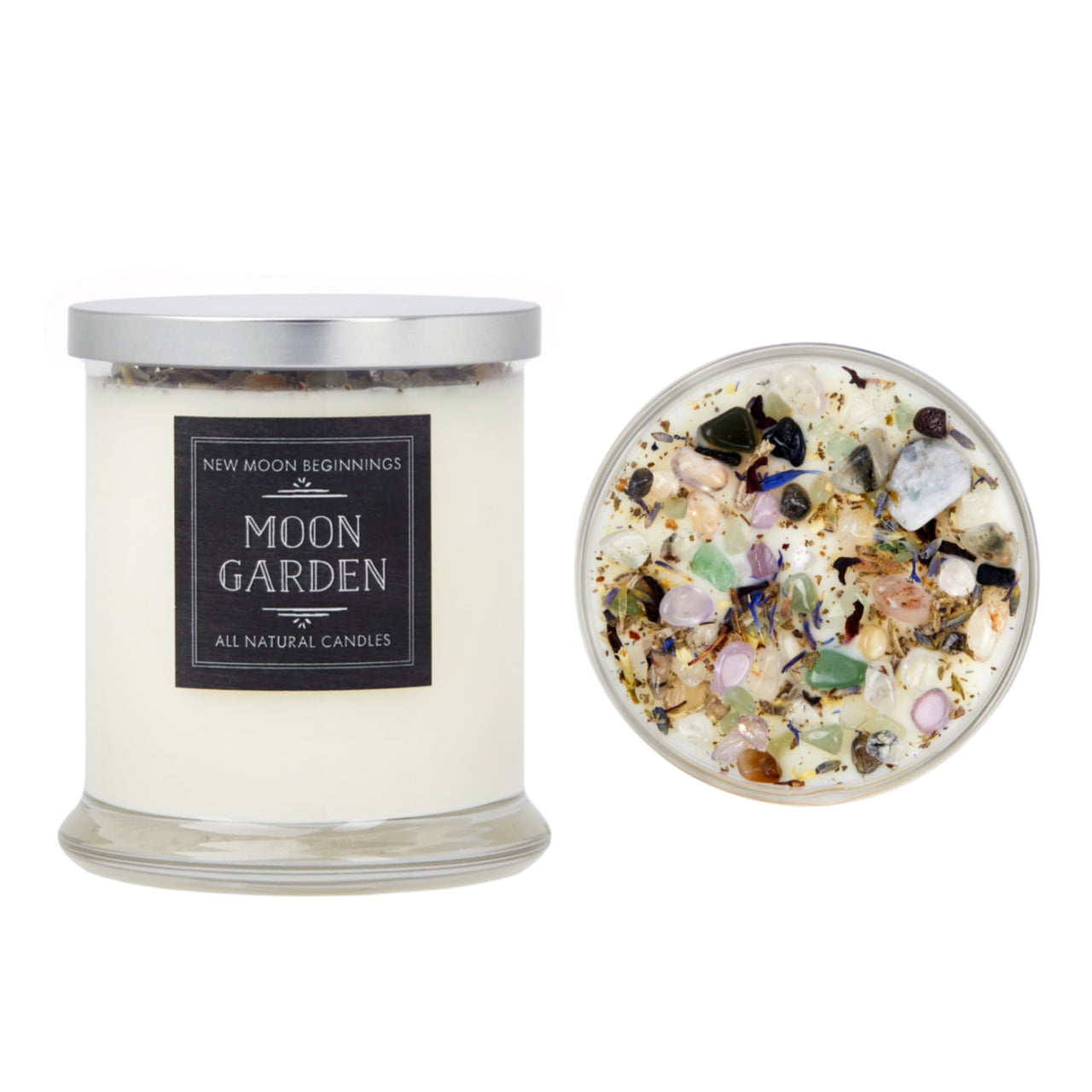 White candle with sea shells in a jar for New Moon Crystal Candles 7.5oz Square Glass