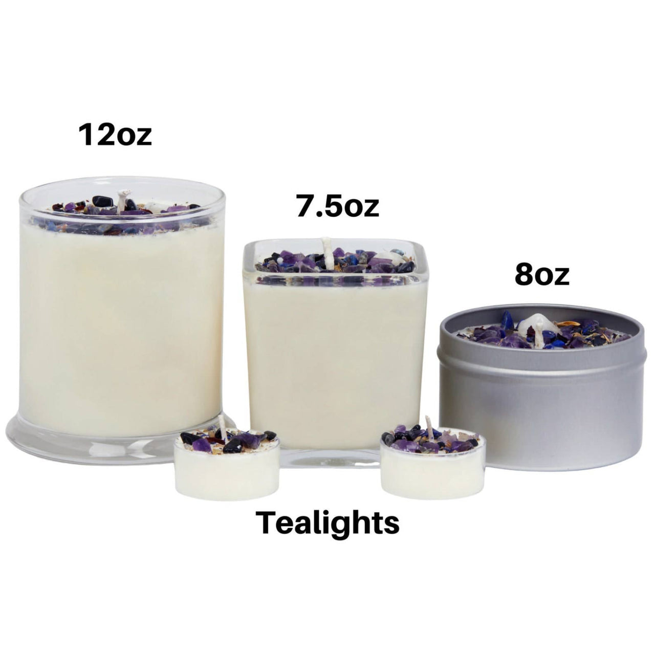 A set of three colorful New Moon crystal candles in 7.5oz square glass for rituals