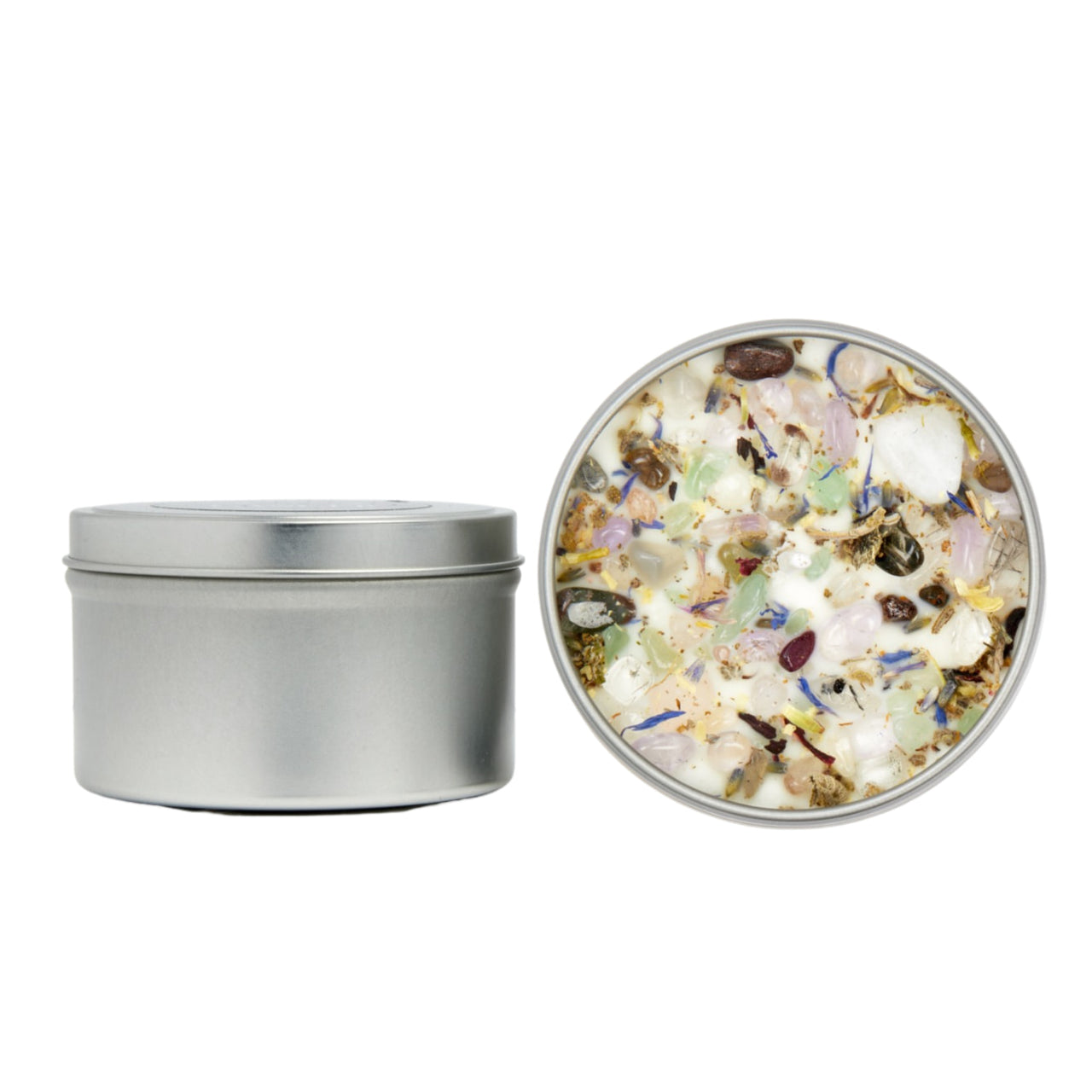 Tin of food next to container with New Moon Candle: 7.5oz Crystal Candles in square glass