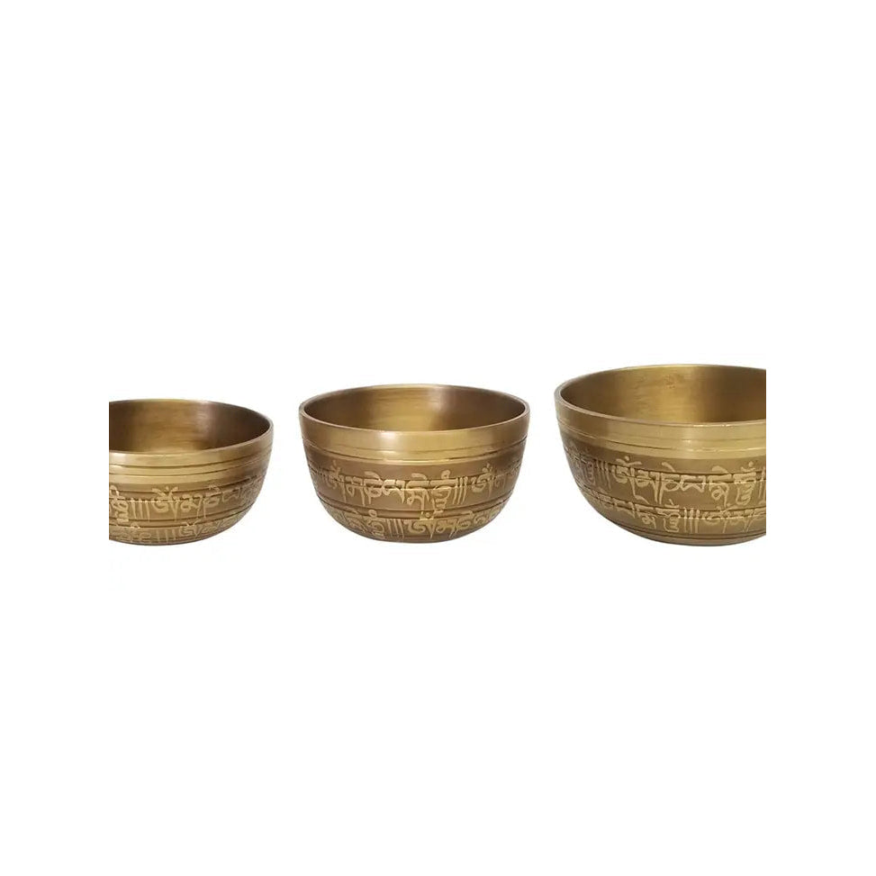 Three brass bowls with intricate designs, part of the Om Singing Bowl Mantra collection