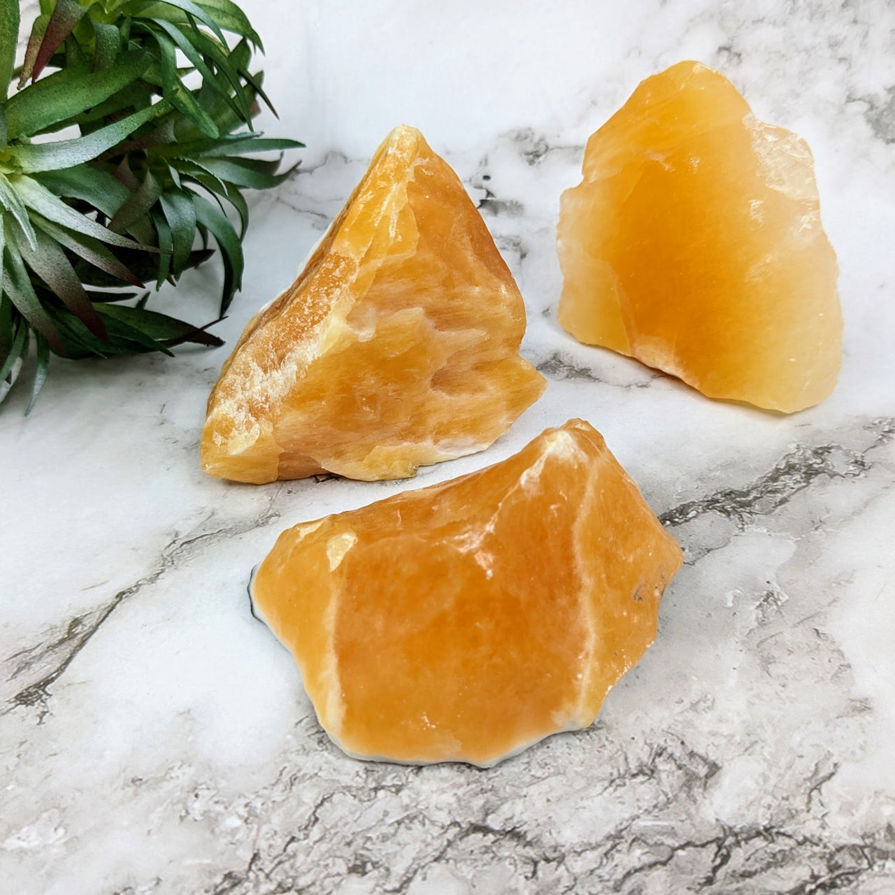 Three pieces of Orange Juice Calcite 3’ Jumbo Rough #LV4096 on marble counter