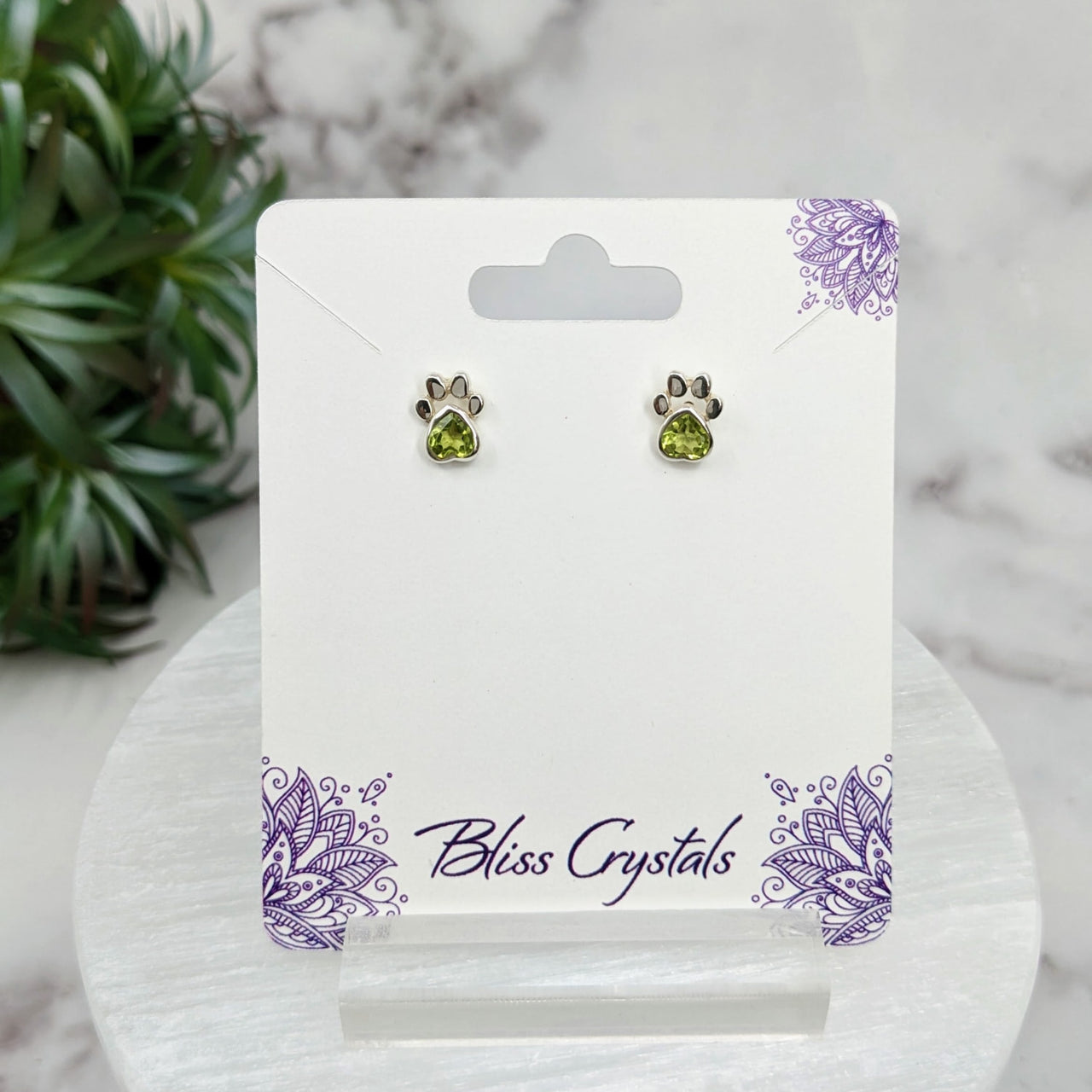 Peridot Faceted Heart Paw Stud Sterling Silver Earrings with Purple and Green Design #LV3241