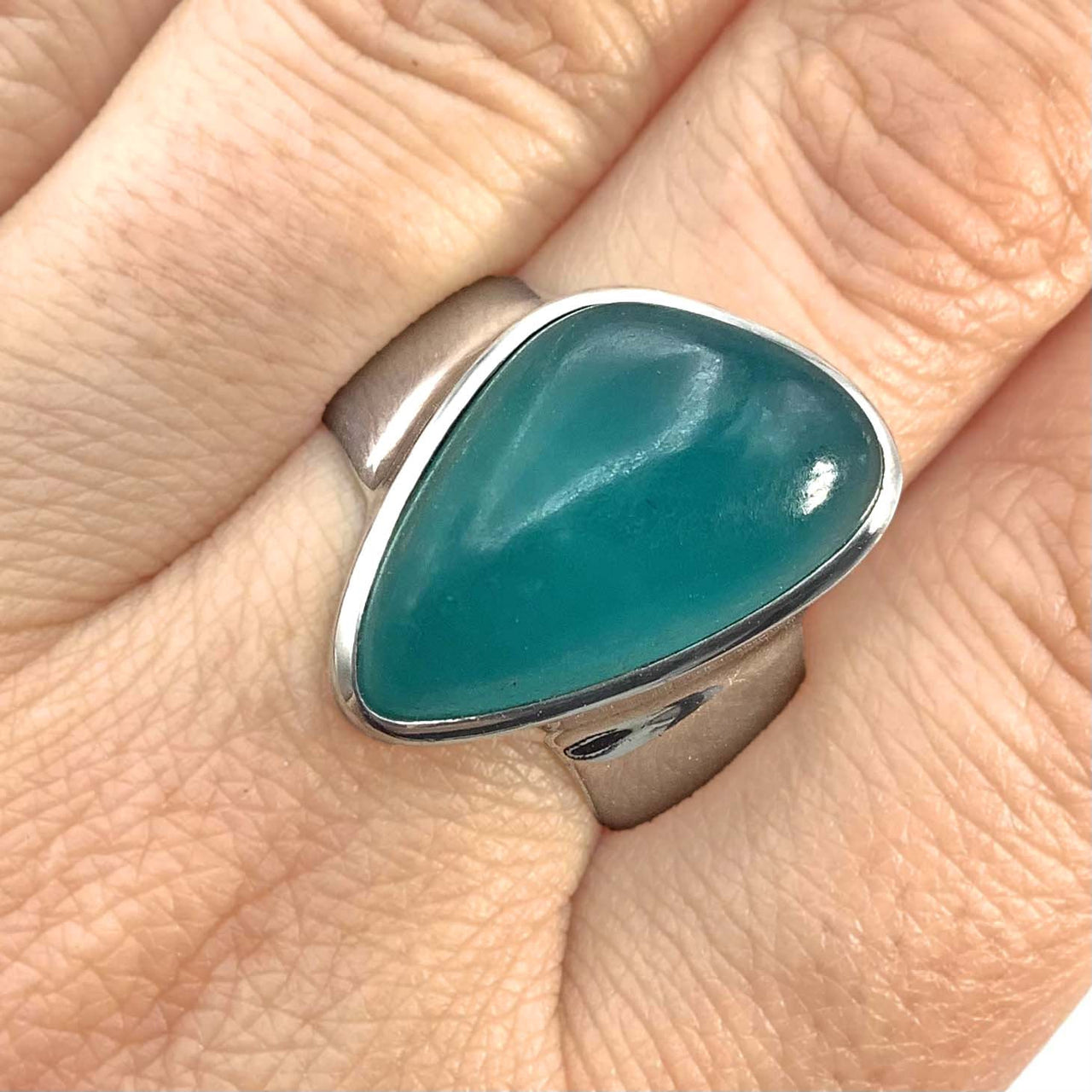 A green sea glass ring on hand - Peru Amazonite Ring Sz 9.75 Sterling Silver #SK2605