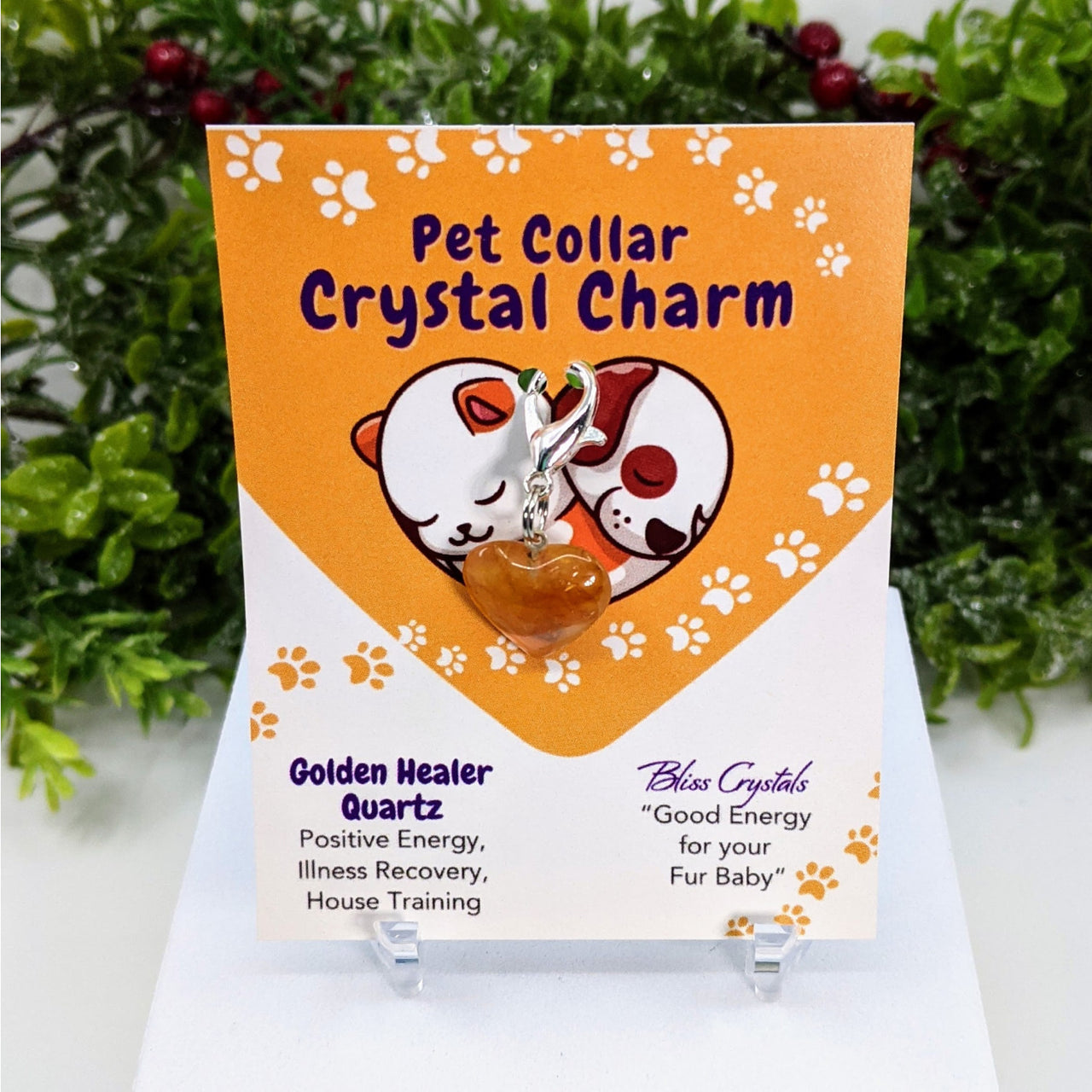 Pet Collar Clip-On Crystal Charm: Golden Healer Quartz Heart with Dog and Cat Card #LV3474