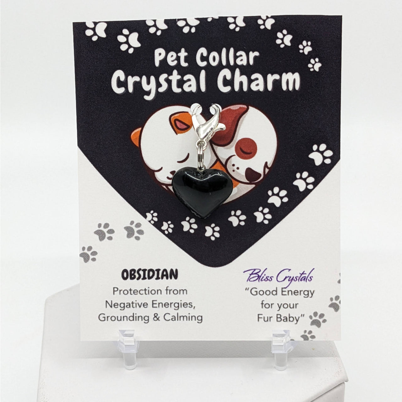 Card with dog and heart next to Pet Collar Clip-On Crystal Charm - Obsidian #LV3478