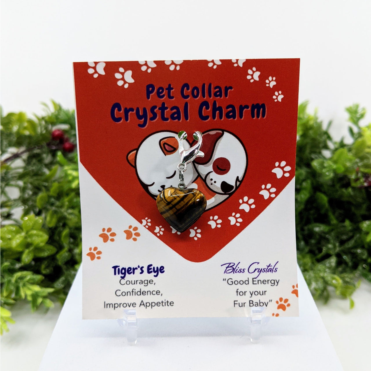 Pet Collar Clip-On Crystal Charm - Tiger’s Eye Heart with dog card and heart-shaped card