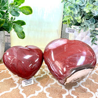 Thumbnail for Two red heart-shaped petrified wood rocks on table, Petrified Wood Heart #H089