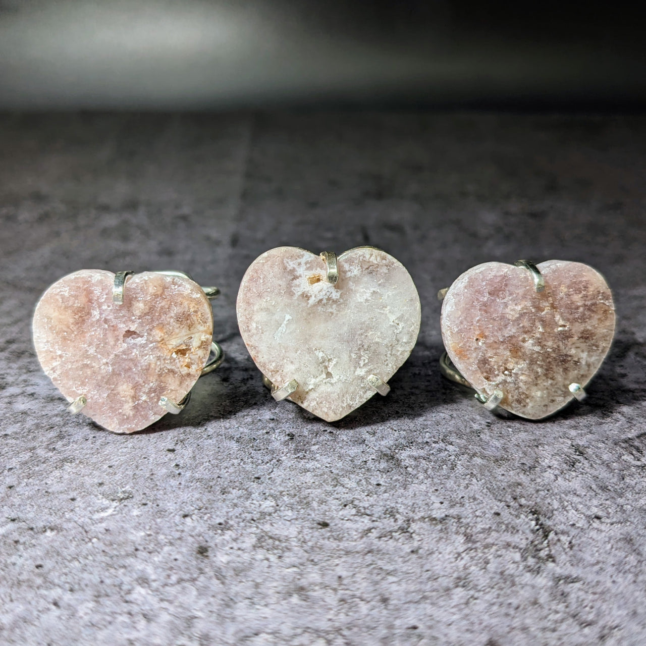 Pink and white druzy heart-shaped earrings from the Pink Amethyst Heart Ring collection