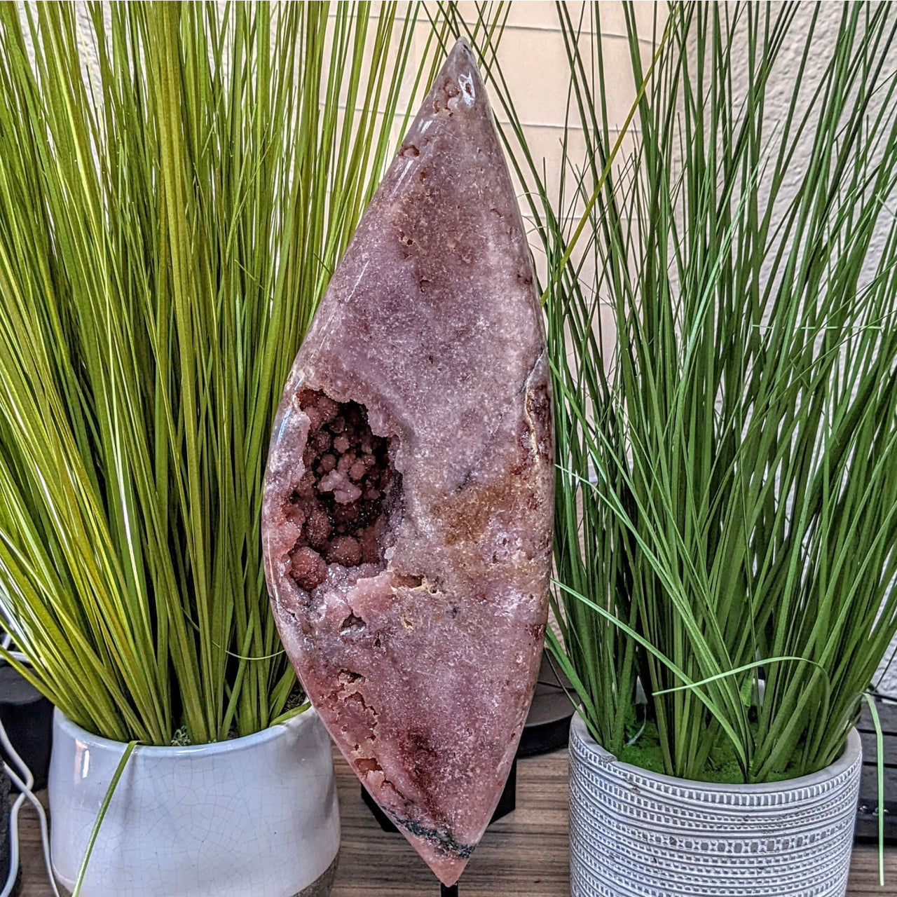 Large pink quartzite with green vein displayed as Pink Amethyst Specimen #M158