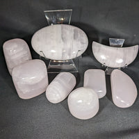 Thumbnail for White quartz crystals displayed with Pink Calcite Freeform, Pebble, and Crescent Moon #M182