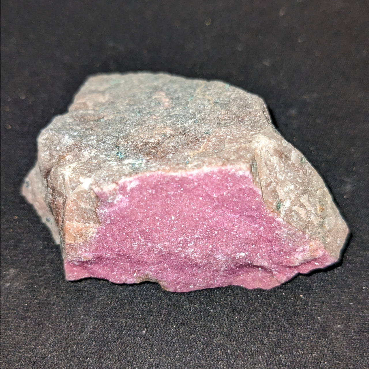 Pink Cobaltian Calcite Rough #SK5950 with pink and white crystals displayed