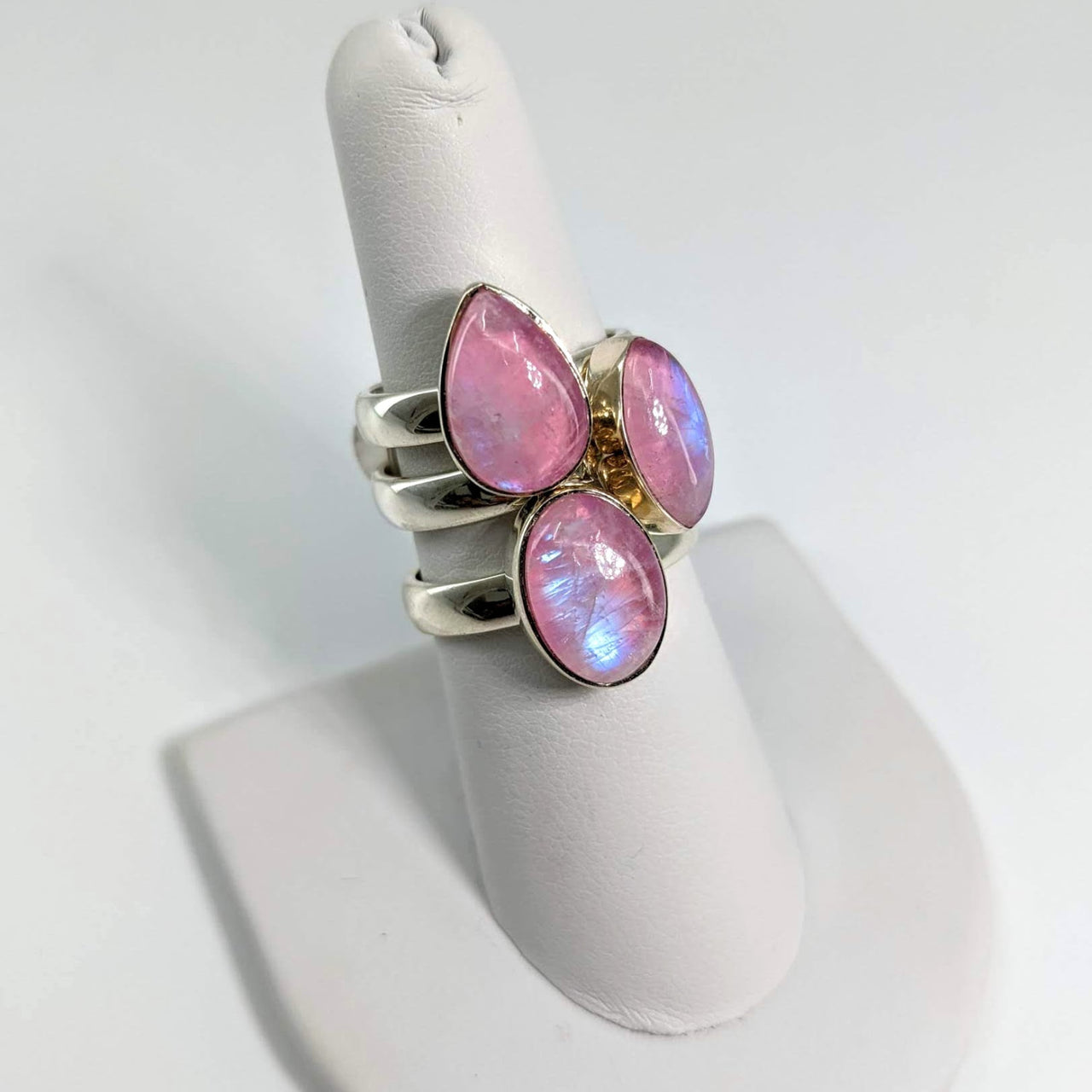 Pink Moonstone Sterling Silver Ring with Three Stones on White Stand, Sizes 6-8, #SK7301