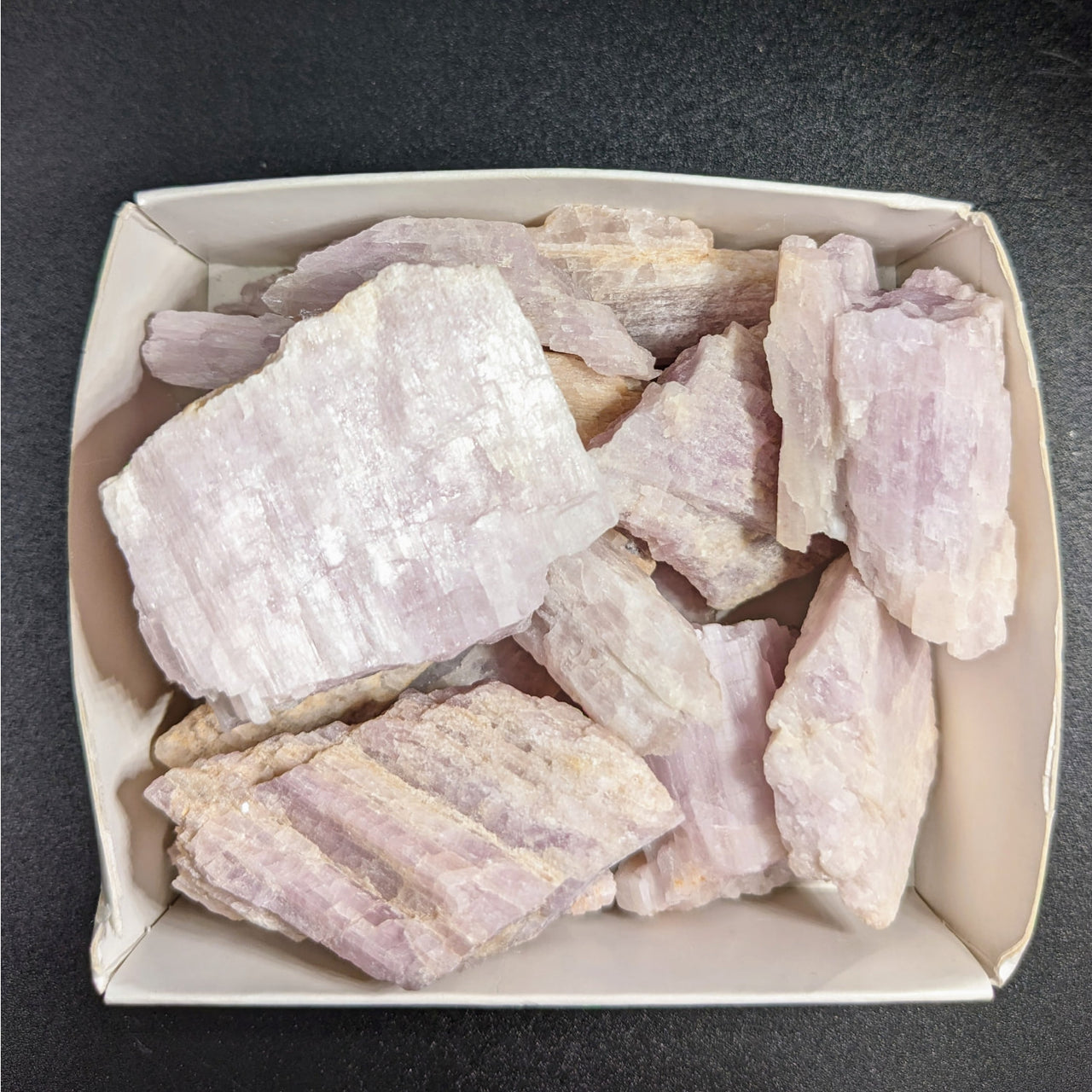 White bowl filled with mixed sizes of pink Kunzite crystals, 1lb Bulk Lot #LV3442