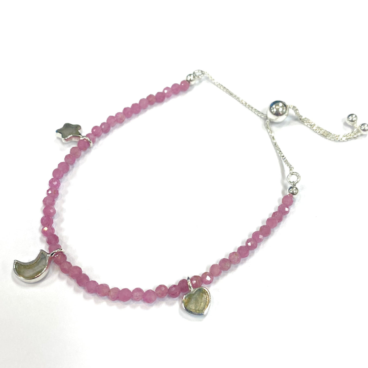 Pink Tourmaline Faceted Bracelet with Silver and Heart Charms | Adjustable Chain 6’ #J070