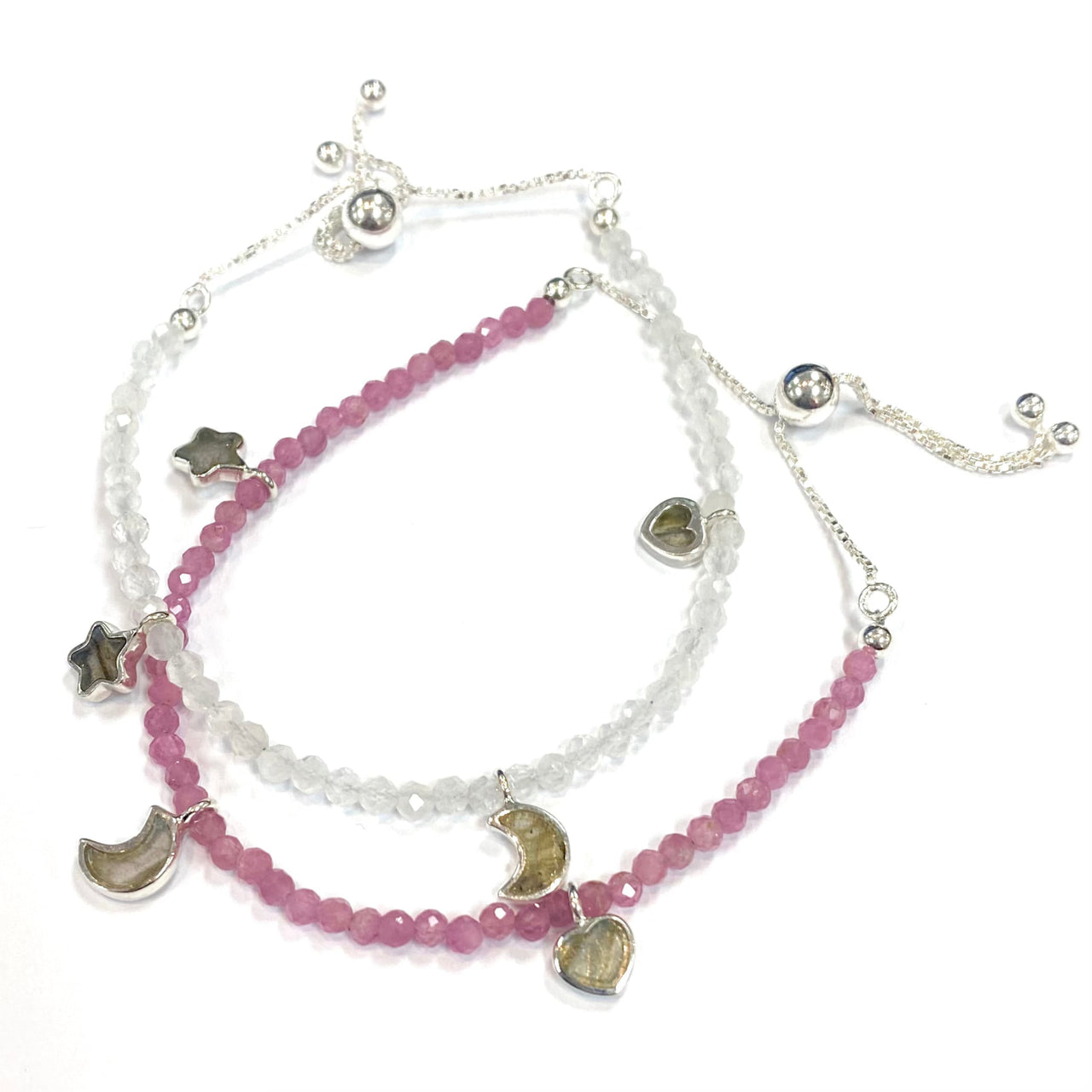 Pink Tourmaline Faceted Bracelet with Pink Beads and Silver Charms - Adjustable 6’ Chain