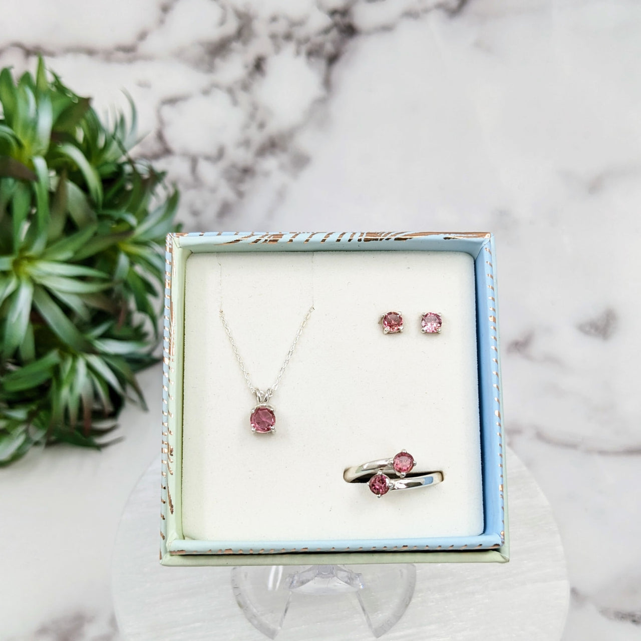 Pink Tourmaline Jewelry 3 pc Box Set: Sterling Silver Earrings, Pendant, and Ring