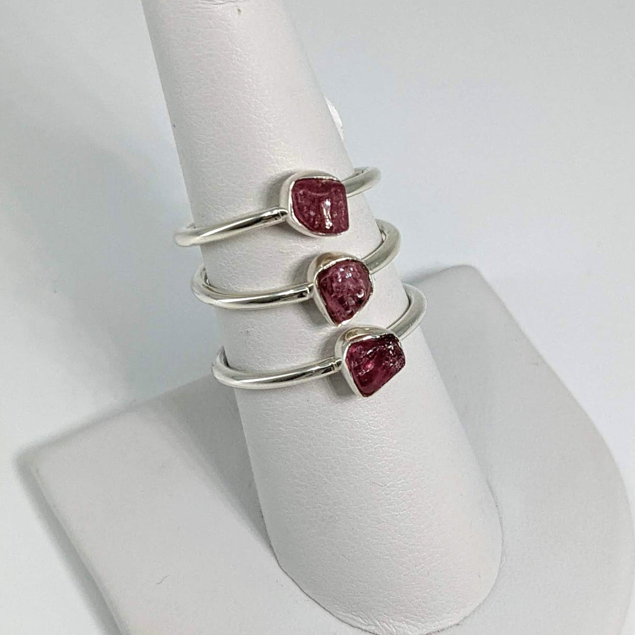 Pink tourmaline and sterling silver ring with two red stones, dainty and stackable