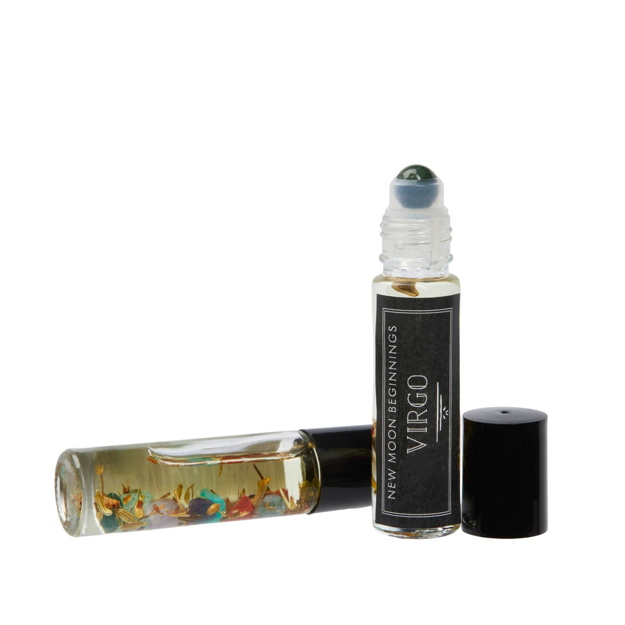 Bottle of Positive Energy Intention Roll-on Perfume with Black and White Caps, Jojoba Oil Base