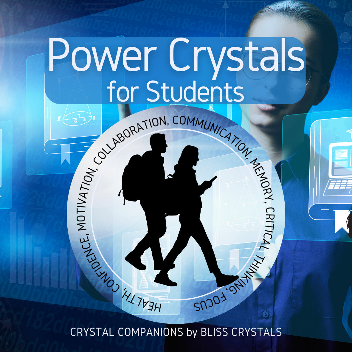 A woman in a suit with tumbled stones product called Power Crystals for Students Set of 8